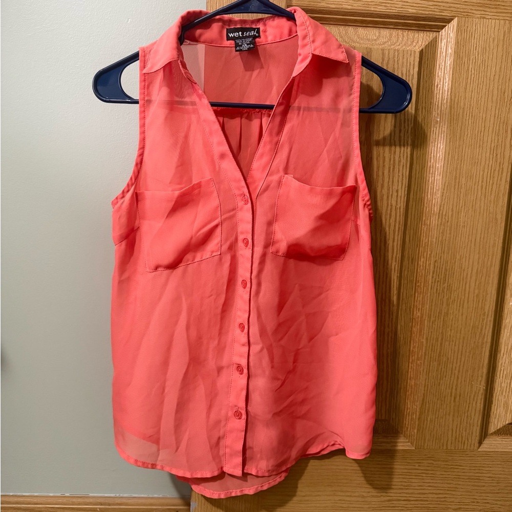 Wet Seal Coral-Orange Sleeveless Button-Down Blouse